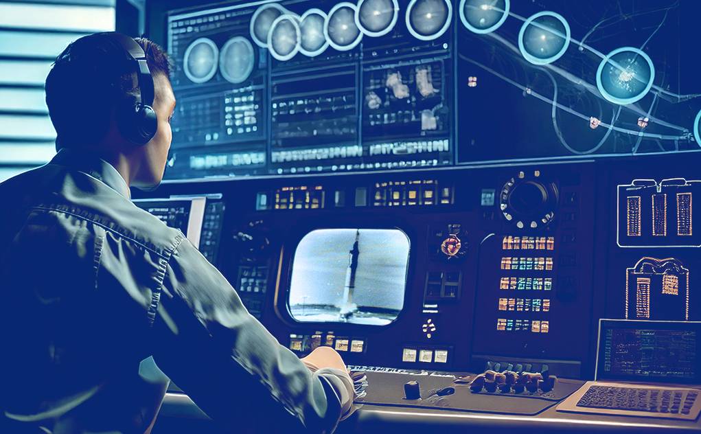 mission control watching screen with rocket