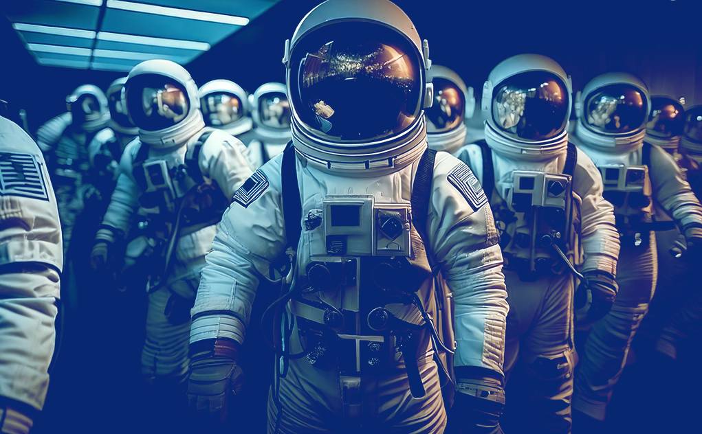 a crowd of astronauts waiting
