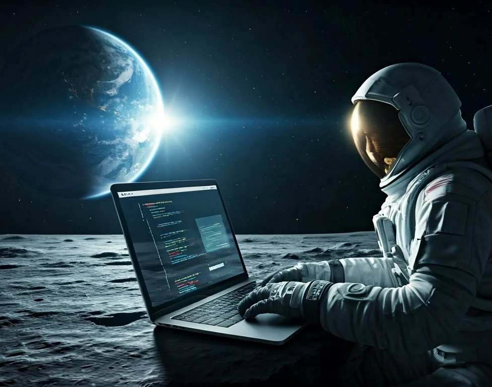 astronaut in space on a computer coding a new website