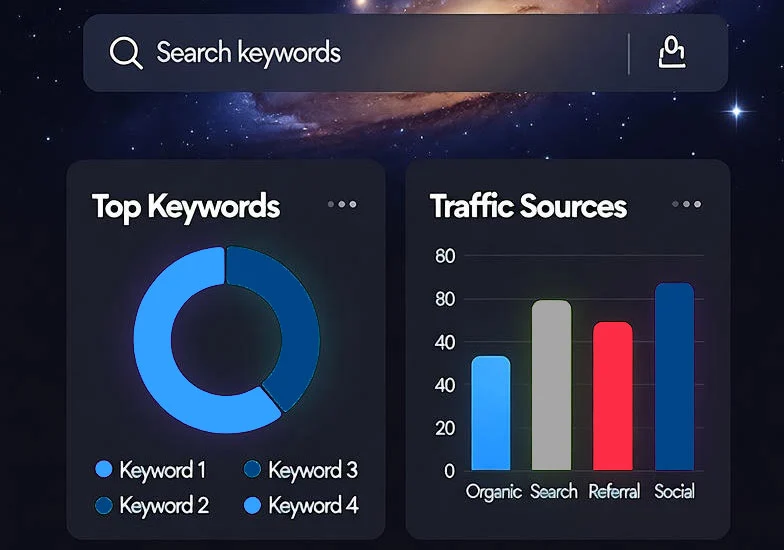 analytics concept showing top keywords and traffic sources