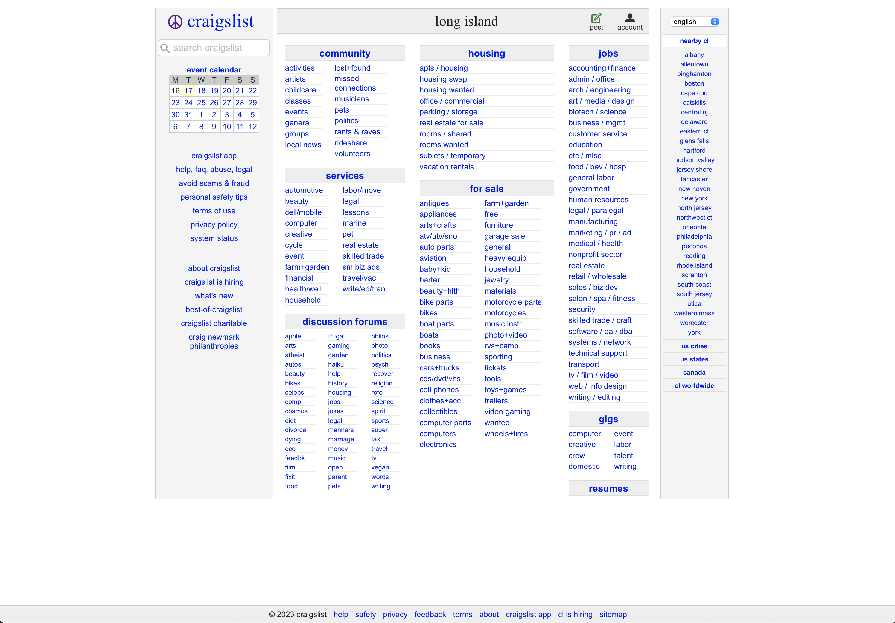 Screen shot of Craiglist Long Island home page