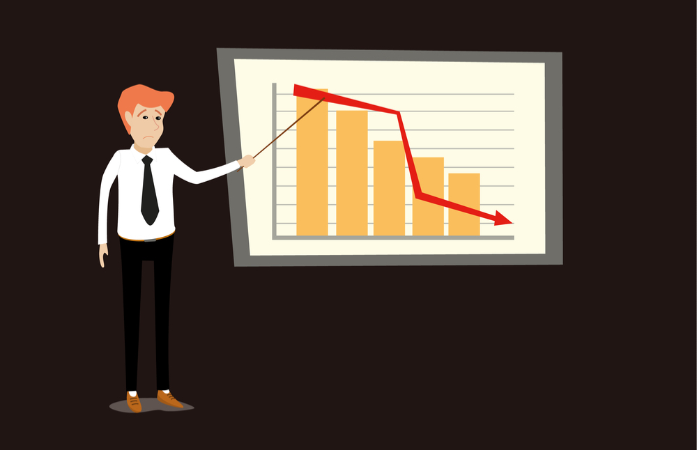 Flat graphic image of man pointing to presentation of downward chart