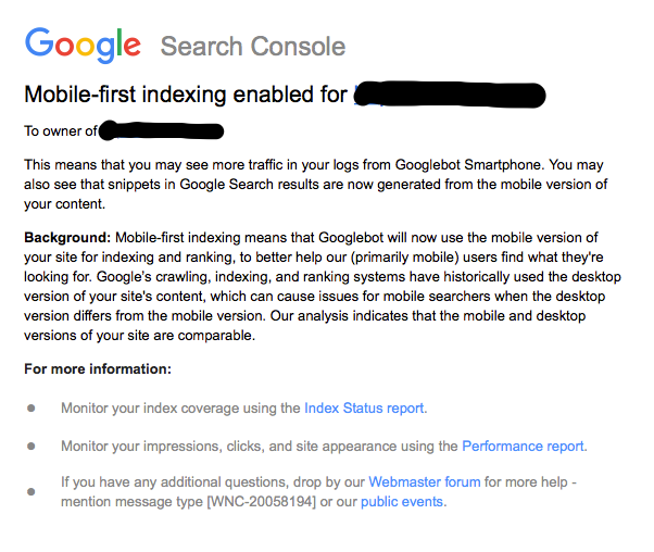 mobile first indexing email screenshot