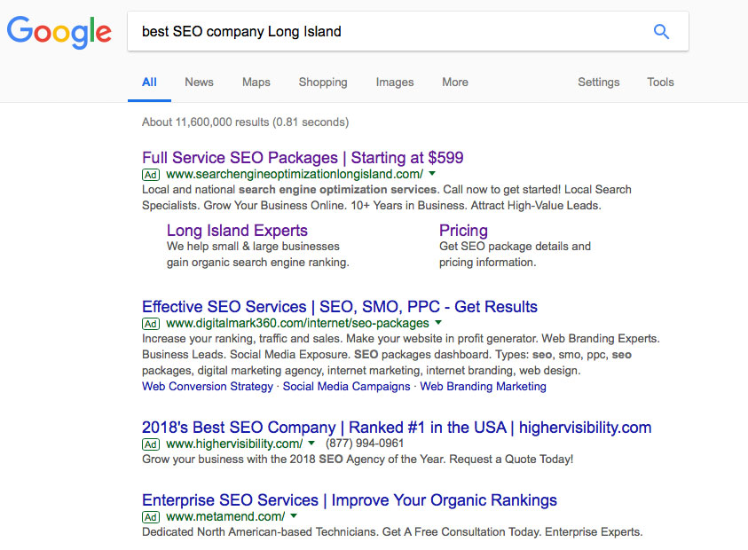 Screen shot of Google AdWords results