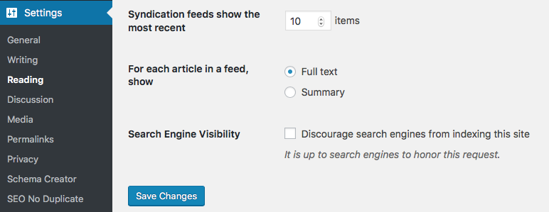 Screen shot of setting to discourage search engines from indexing
