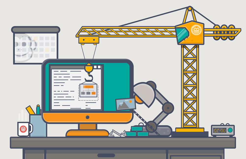 Line style abstract concept. Website building with construction crane on desk full of design items.