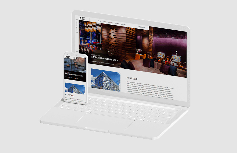 AIC Corp website rendered on laptop, tablet, and phone showing mobile responsive versions of new website