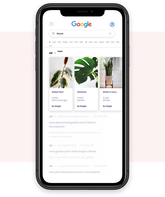 rendering of mobile phone with google shopping ads highlighted in paid search results