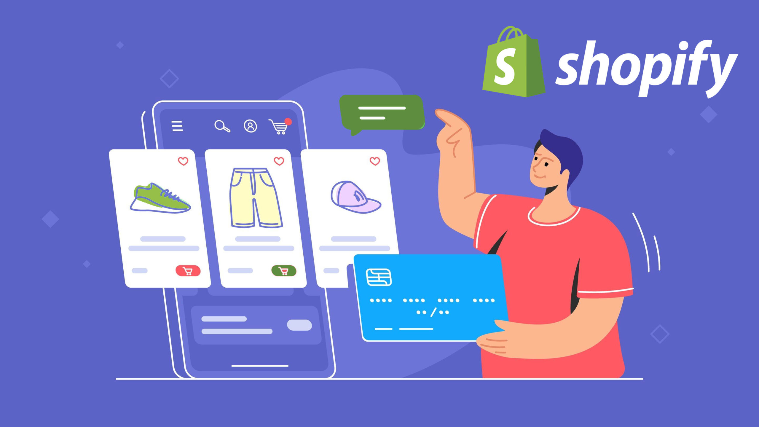 Flat line vector illustration of young man holding blue credit card and pointing to the online e-store web cart with goods on smartphone screen with Shopify logo in corner