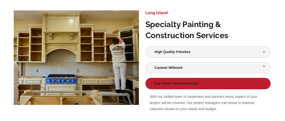 section of the Fusco Interiors website by Logic Web Media showing an image of worker prepping cabinets to be painted next to a block of text showing the specialty painting services