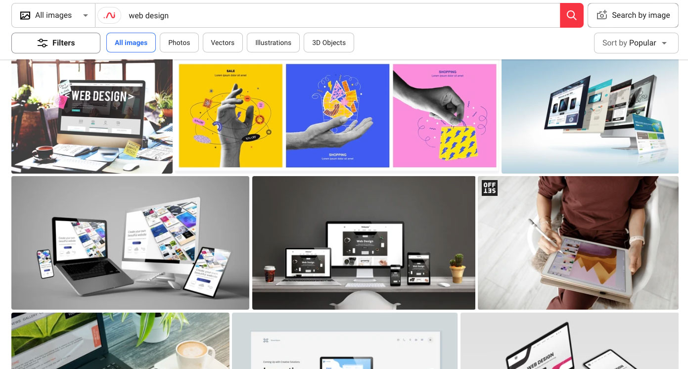 screen shot of search results for web design stock photography