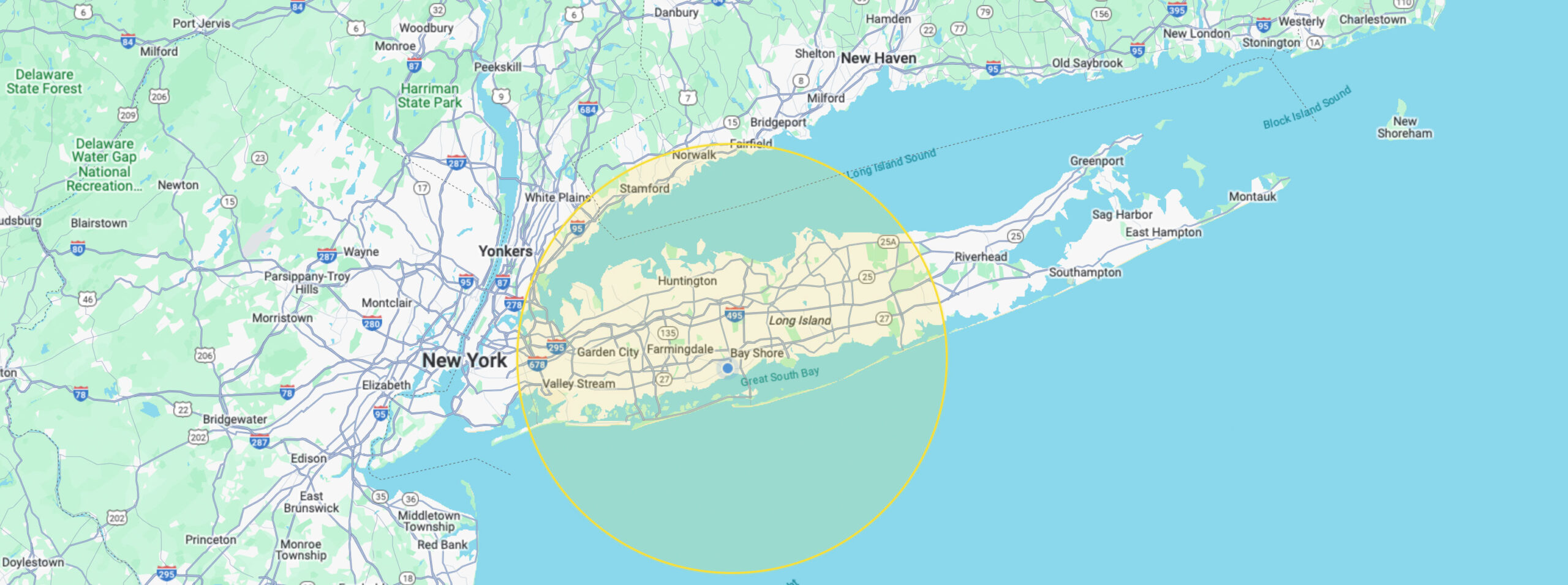 Map of Long Island showing a search radius of 25 miles around Babylon Village