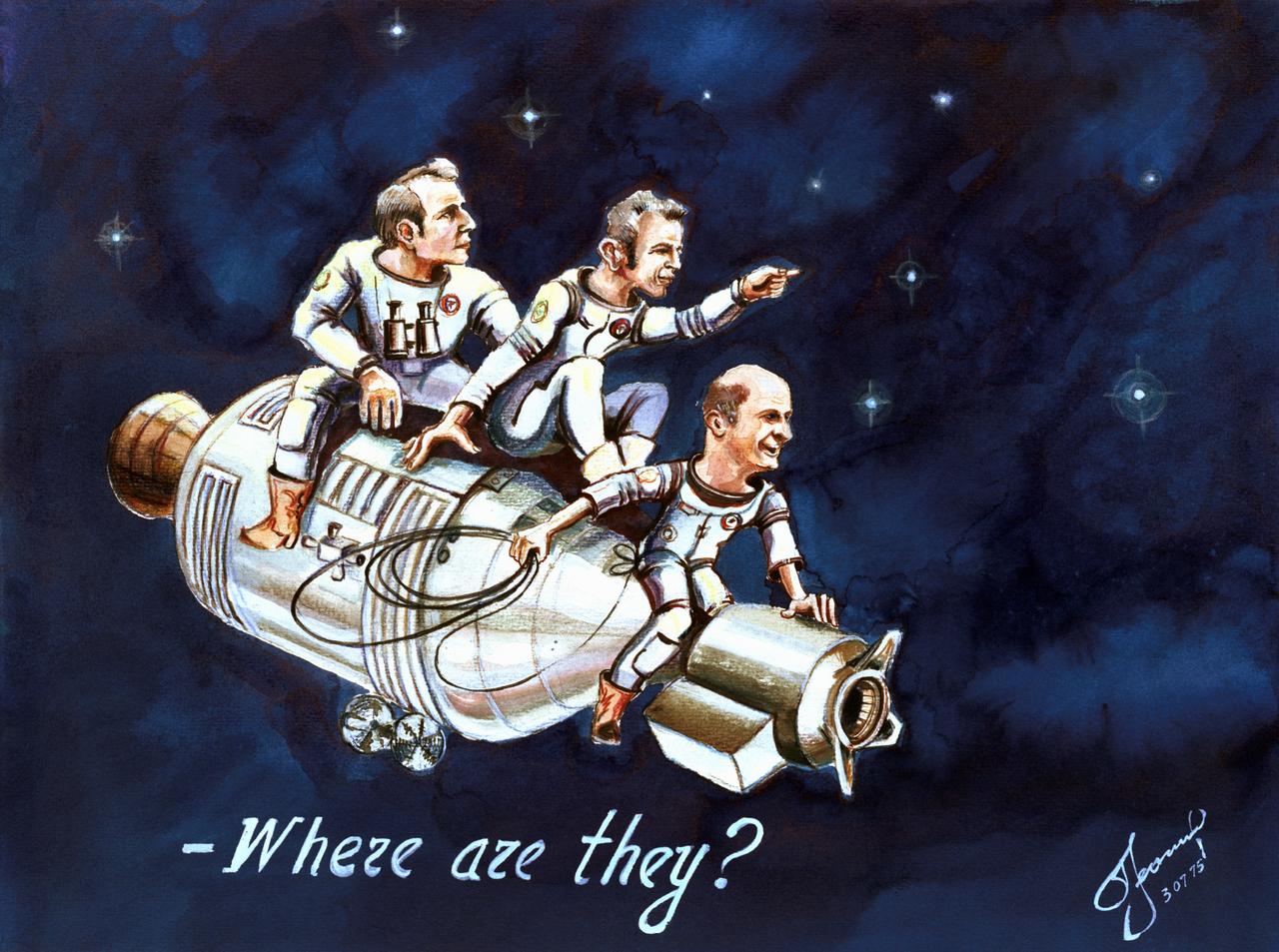 Cosmonaut Leonov sketch of astronauts on rocket with the text: Where Are They?