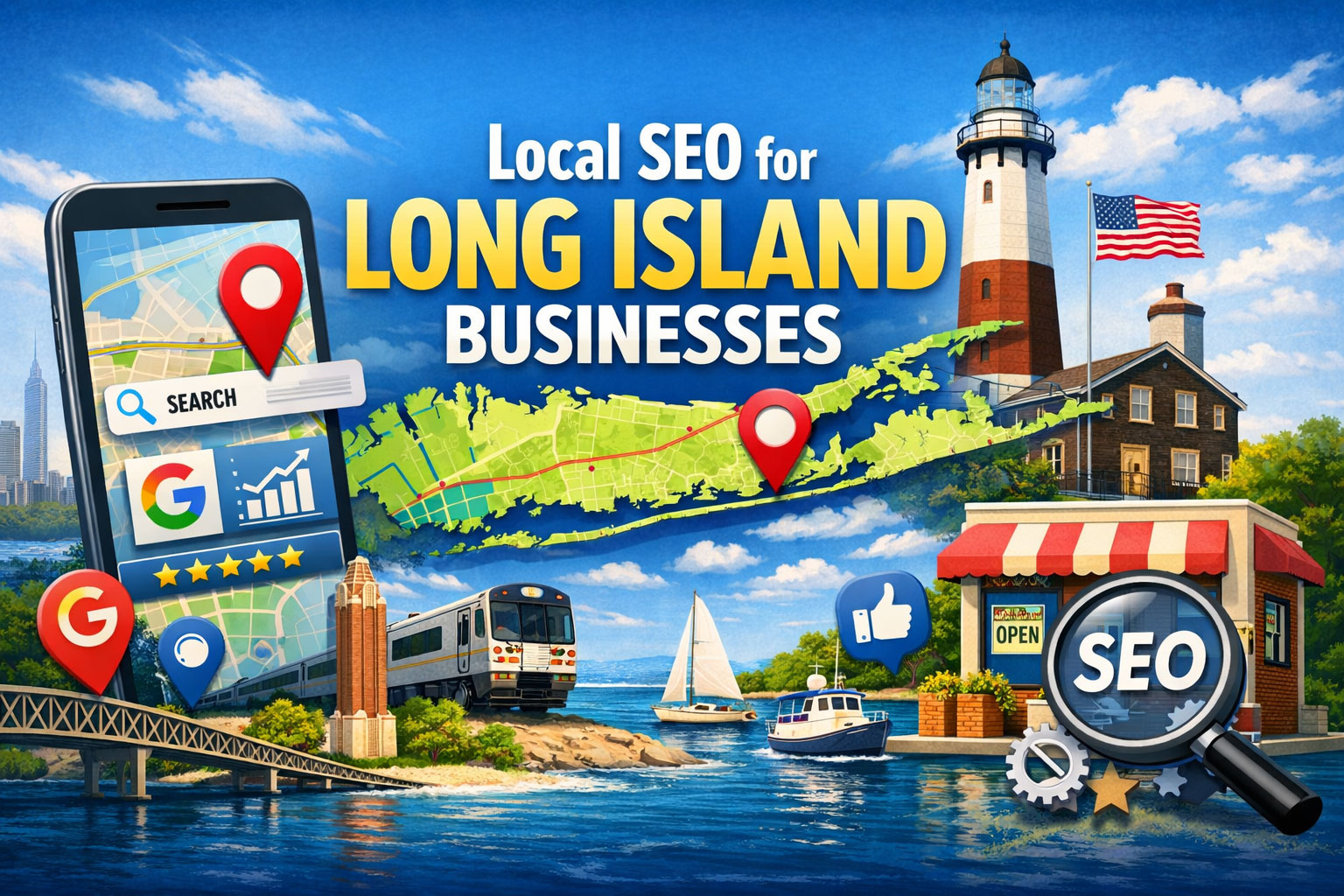 graphical image of Long Island landmarks with SEO terms and search results overlayed